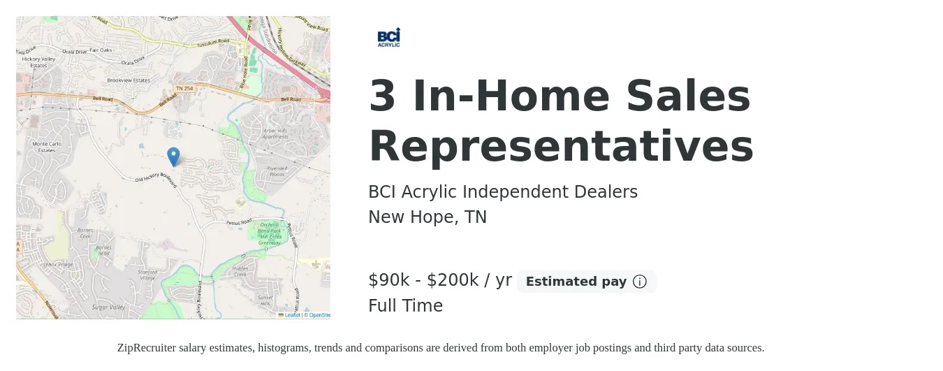 BCI Acrylic Independent Dealers job posting for a 3 In-Home Sales Representatives in New Hope, TN with a salary of $90,000 to $200,000 Yearly with a map of New Hope location.