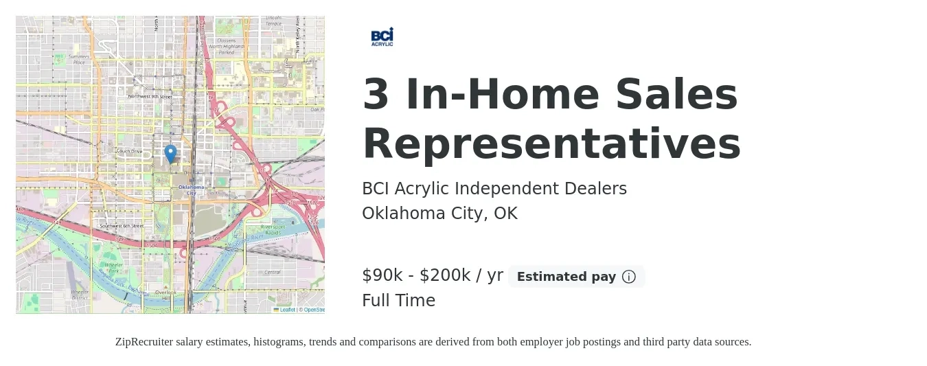 BCI Acrylic Independent Dealers job posting for a 3 In-Home Sales Representatives in Oklahoma City, OK with a salary of $90,000 to $200,000 Yearly with a map of Oklahoma City location.