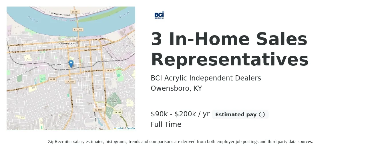 BCI Acrylic Independent Dealers job posting for a 3 In-Home Sales Representatives in Owensboro, KY with a salary of $90,000 to $200,000 Yearly with a map of Owensboro location.