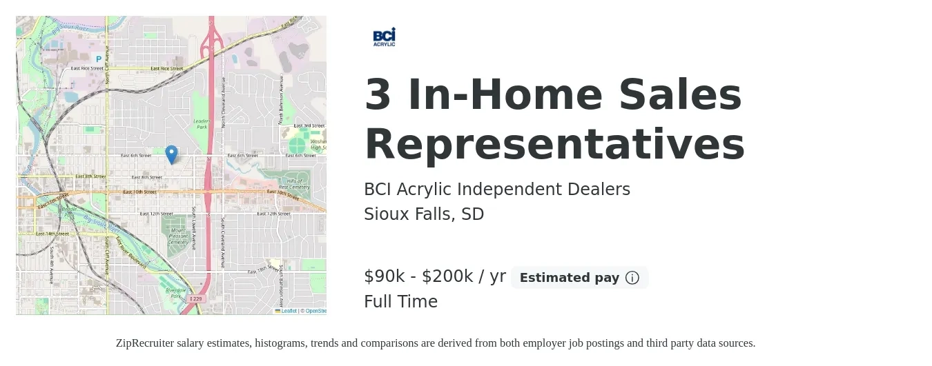 BCI Acrylic Independent Dealers job posting for a 3 In-Home Sales Representatives in Sioux Falls, SD with a salary of $90,000 to $200,000 Yearly with a map of Sioux Falls location.