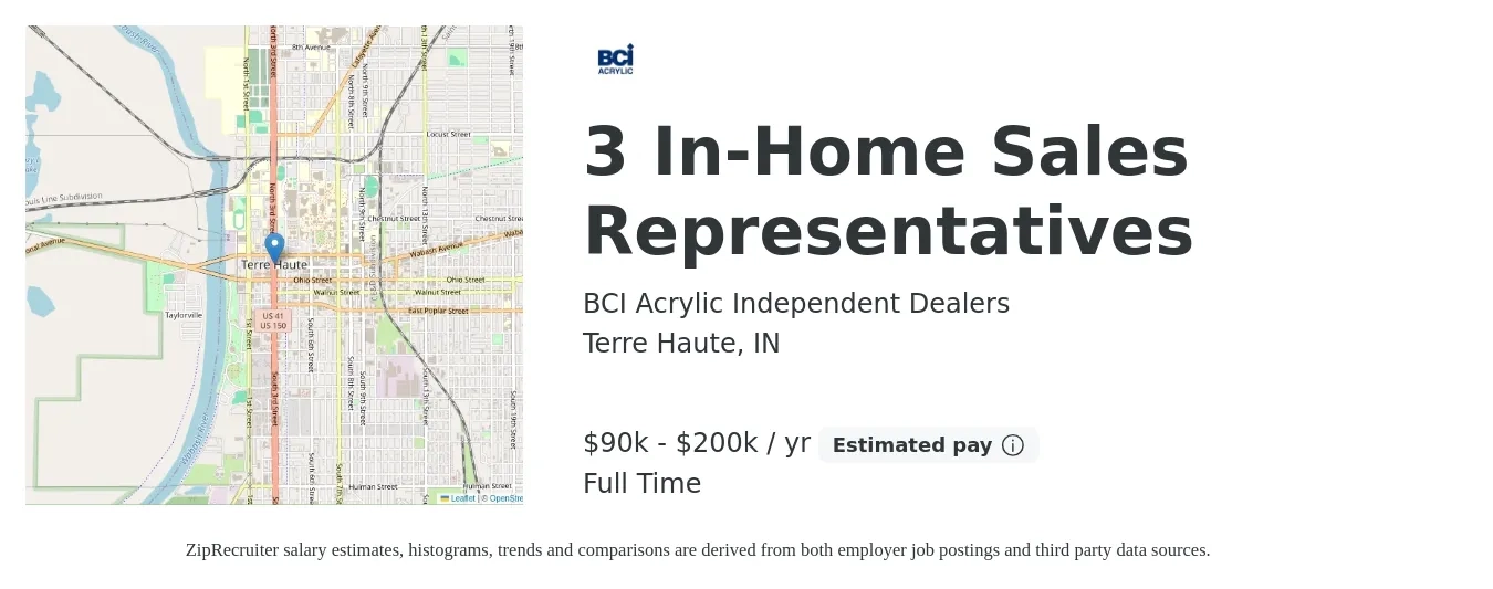 BCI Acrylic Independent Dealers job posting for a 3 In-Home Sales Representatives in Terre Haute, IN with a salary of $90,000 to $200,000 Yearly with a map of Terre Haute location.