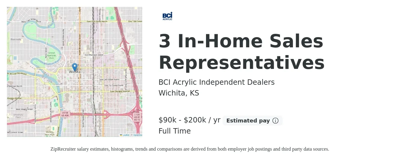 BCI Acrylic Independent Dealers job posting for a 3 In-Home Sales Representatives in Wichita, KS with a salary of $90,000 to $200,000 Yearly with a map of Wichita location.