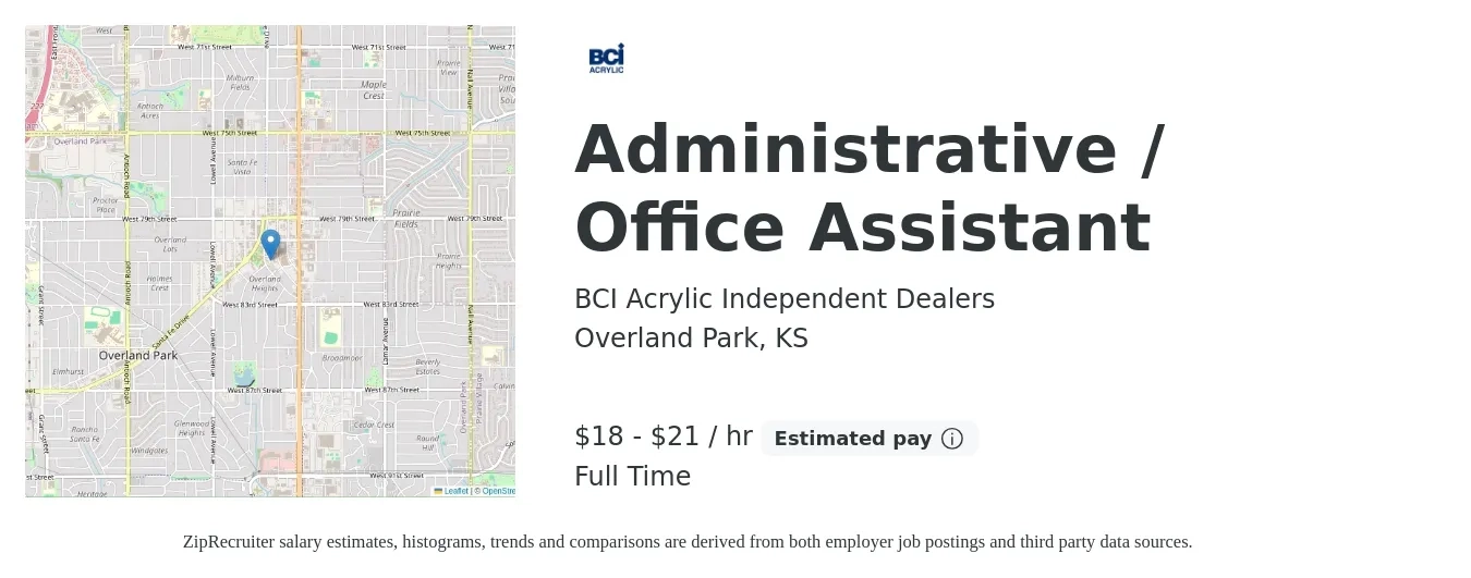 BCI Acrylic Independent Dealers job posting for a Administrative / Office Assistant in Overland Park, KS with a salary of $19 to $22 Hourly with a map of Overland Park location.