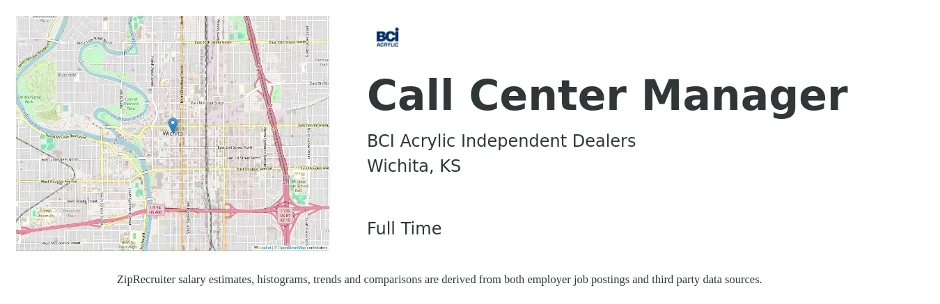 BCI Acrylic Independent Dealers job posting for a Call Center Manager in Wichita, KS with a salary of $42,900 to $67,000 Yearly with a map of Wichita location.