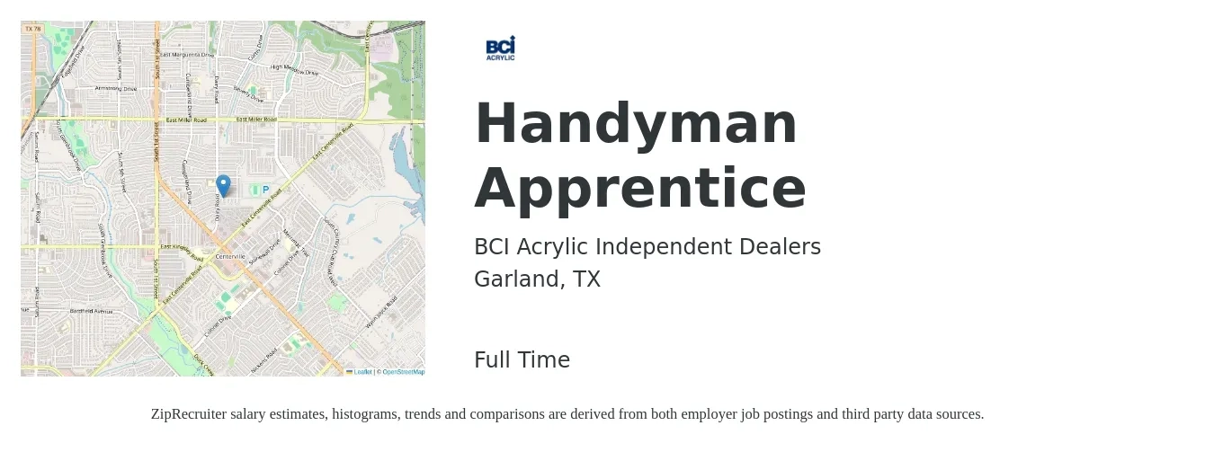 BCI Acrylic Independent Dealers job posting for a Handyman Apprentice in Garland, TX with a salary of $21 to $29 Hourly with a map of Garland location.
