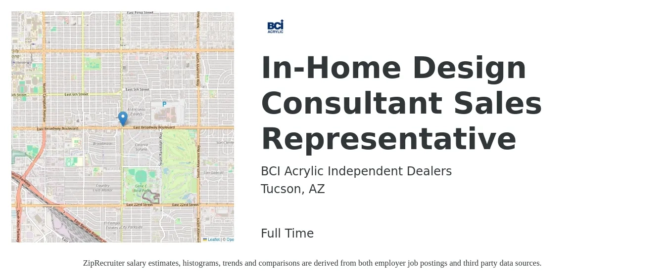 BCI Acrylic Independent Dealers job posting for a In-Home Design Consultant Sales Representative in Tucson, AZ with a salary of $42,200 to $107,200 Yearly with a map of Tucson location.