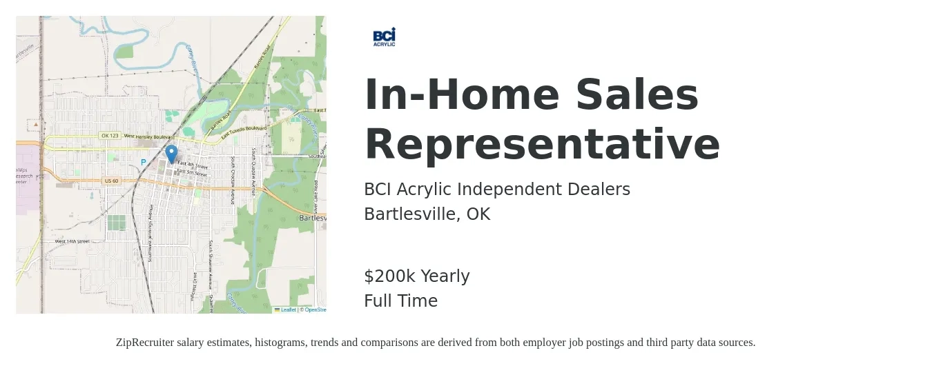 BCI Acrylic Independent Dealers job posting for a In-Home Sales Representative in Bartlesville, OK with a salary of $125,000 to $250,000 Yearly with a map of Bartlesville location.
