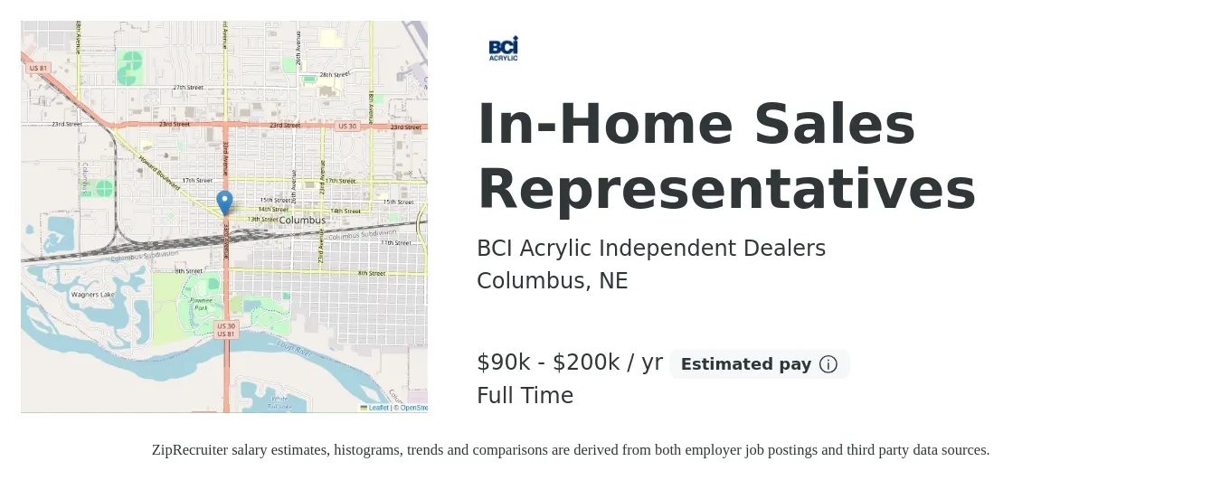 BCI Acrylic Independent Dealers job posting for a In-Home Sales Representatives in Columbus, NE with a salary of $90,000 to $200,000 Yearly with a map of Columbus location.