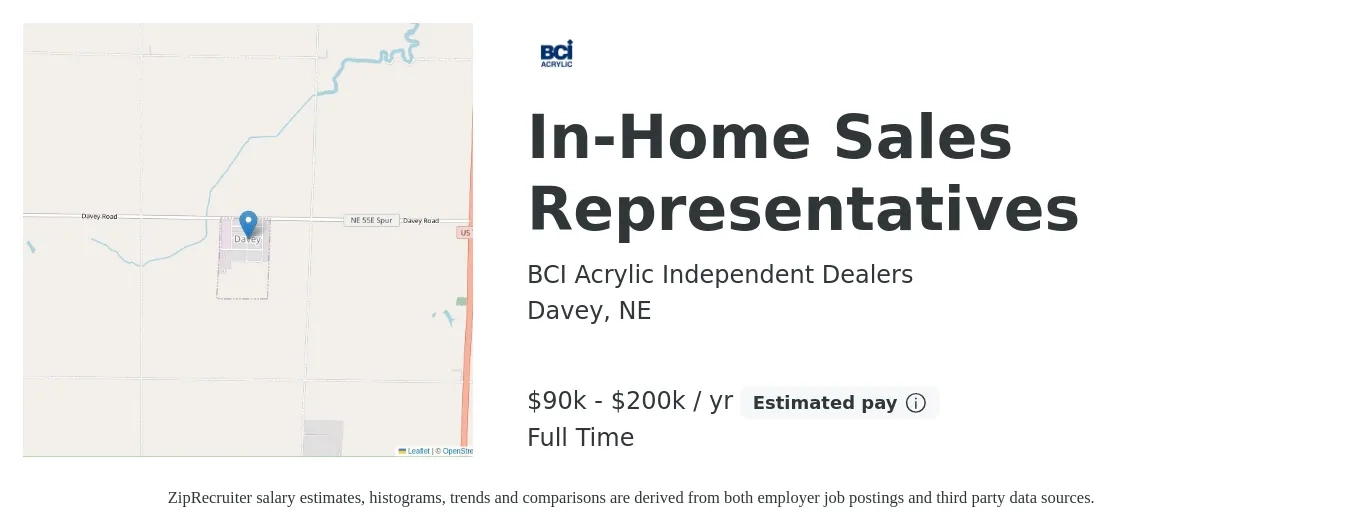 BCI Acrylic Independent Dealers job posting for a In-Home Sales Representatives in Davey, NE with a salary of $90,000 to $200,000 Yearly with a map of Davey location.
