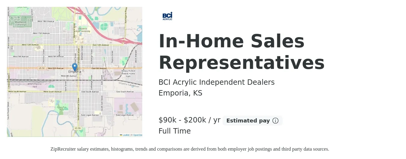 BCI Acrylic Independent Dealers job posting for a In-Home Sales Representatives in Emporia, KS with a salary of $90,000 to $200,000 Yearly with a map of Emporia location.