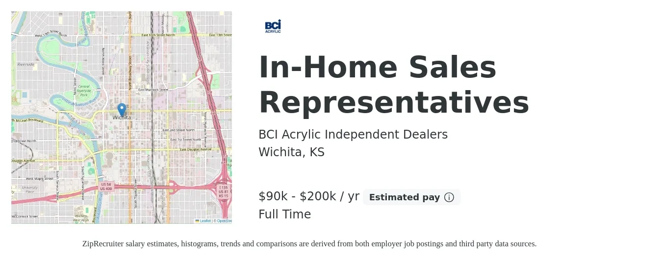 BCI Acrylic Independent Dealers job posting for a In-Home Sales Representatives in Wichita, KS with a salary of $90,000 to $200,000 Yearly with a map of Wichita location.