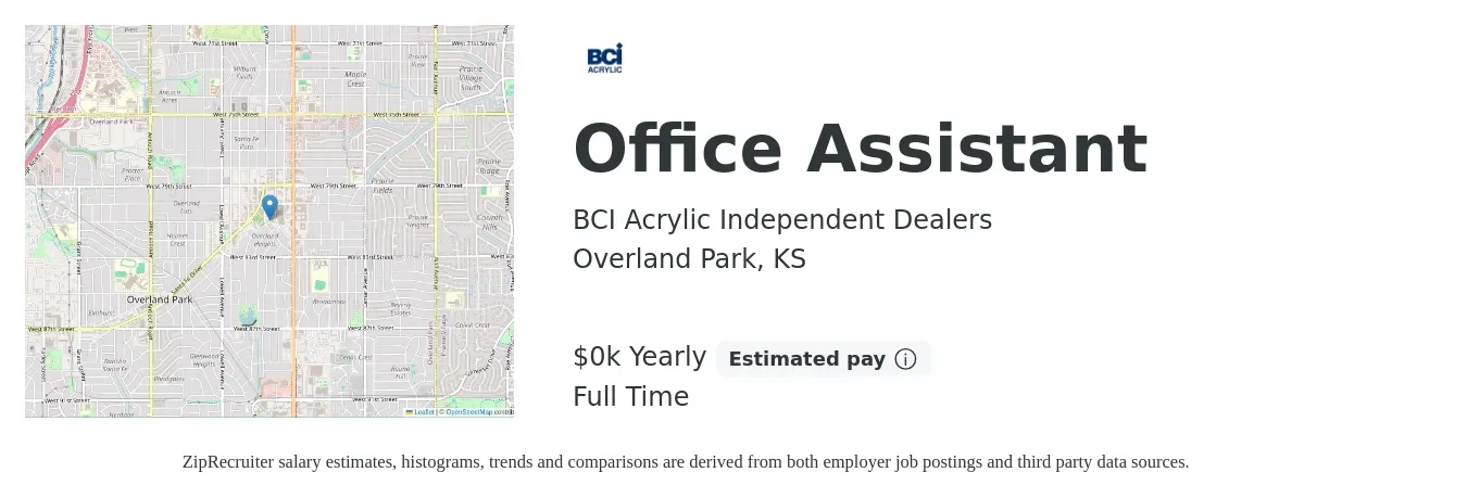 BCI Acrylic Independent Dealers job posting for a Office Assistant in Overland Park, KS with a salary of $19 to $23 Yearly with a map of Overland Park location.
