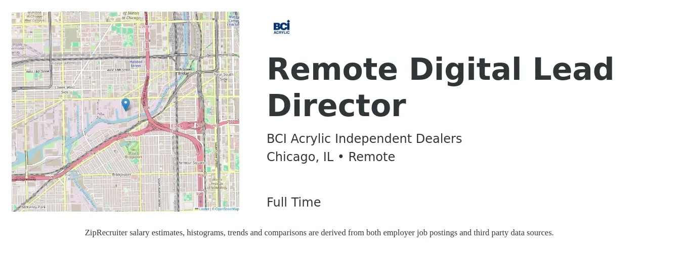 BCI Acrylic Independent Dealers job posting for a Remote Digital Lead Director in Chicago, IL with a salary of $87,000 to $153,500 Yearly with a map of Chicago location.
