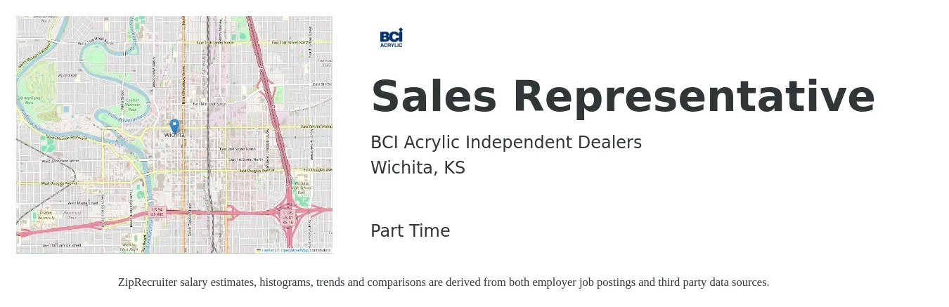 BCI Acrylic Independent Dealers job posting for a Sales Representative in Wichita, KS with a salary of $47,800 to $83,100 Yearly with a map of Wichita location.