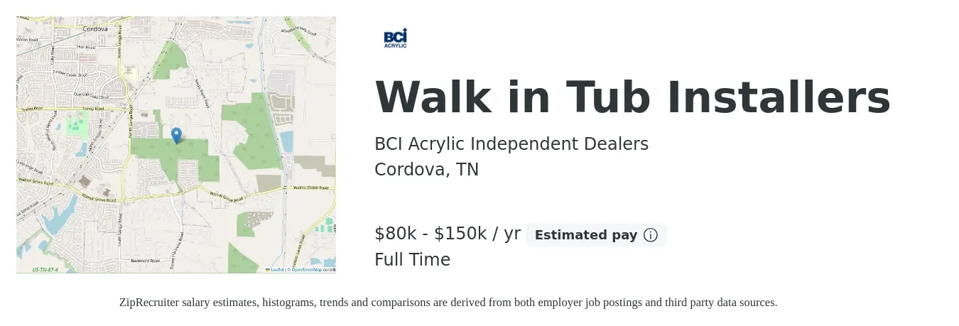 BCI Acrylic Independent Dealers job posting for a Walk in Tub Installers in Cordova, TN with a salary of $80,000 to $150,000 Yearly with a map of Cordova location.