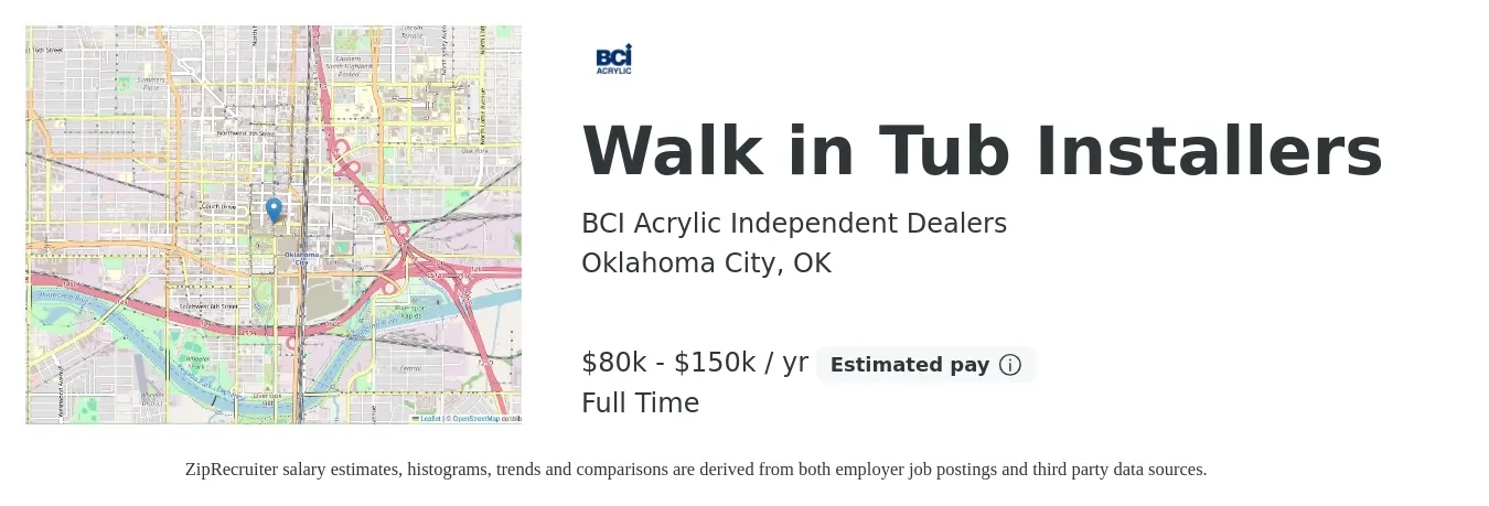 BCI Acrylic Independent Dealers job posting for a Walk in Tub Installers in Oklahoma City, OK with a salary of $80,000 to $150,000 Yearly with a map of Oklahoma City location.