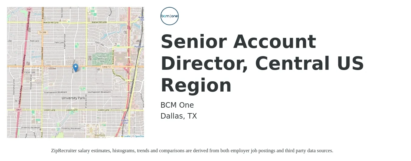 BCM One job posting for a Senior Account Director, Central US Region in Dallas, TX with a salary of $116,200 to $143,400 Yearly with a map of Dallas location.