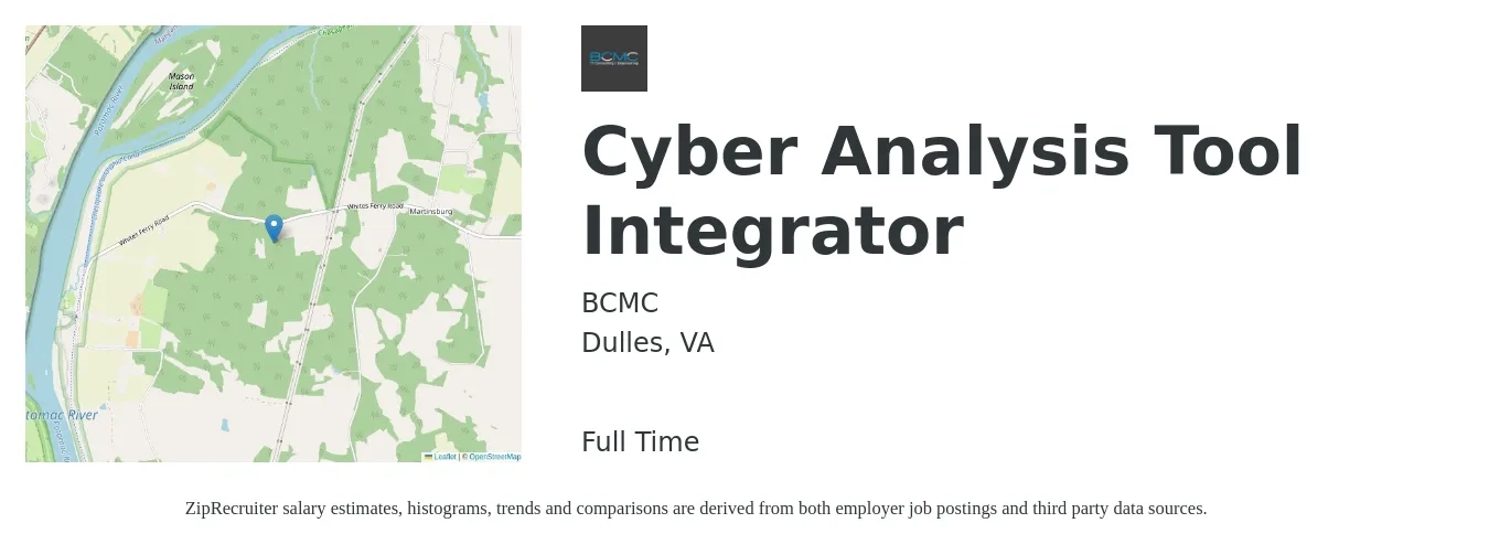 BCMC job posting for a Cyber Analysis Tool Integrator in Dulles, VA with a salary of $99,500 to $148,000 Yearly with a map of Dulles location.
