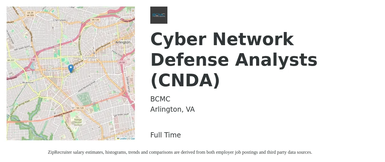 BCMC job posting for a Cyber Network Defense Analysts (CNDA) in Arlington, VA with a salary of $105,300 to $145,500 Yearly with a map of Arlington location.