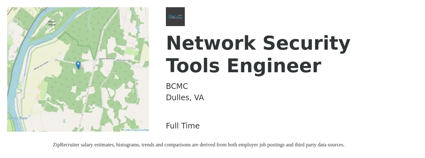 BCMC job posting for a Network Security Tools Engineer in Dulles, VA with a salary of $103,400 to $141,500 Yearly with a map of Dulles location.
