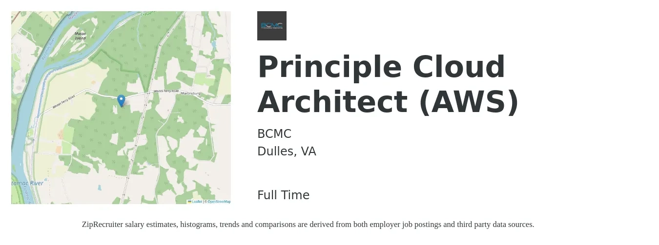 BCMC job posting for a Principle Cloud Architect (AWS) in Dulles, VA with a salary of $64 to $82 Hourly with a map of Dulles location.