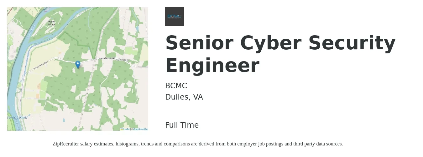 BCMC job posting for a Senior Cyber Security Engineer in Dulles, VA with a salary of $101,000 to $140,600 Yearly with a map of Dulles location.