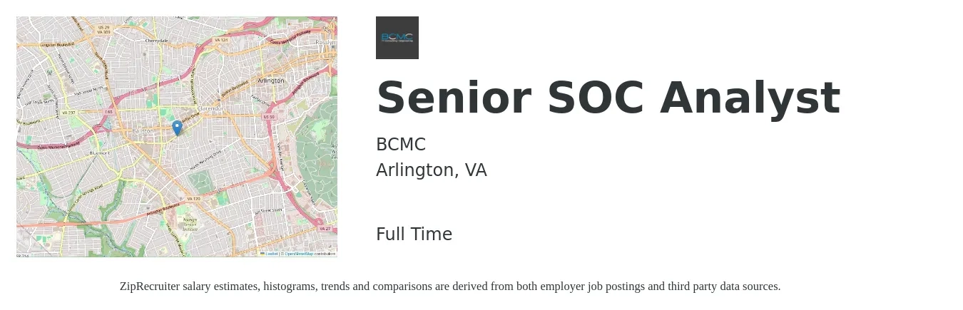 BCMC job posting for a Senior SOC Analyst in Arlington, VA with a salary of $115,000 to $148,400 Yearly with a map of Arlington location.