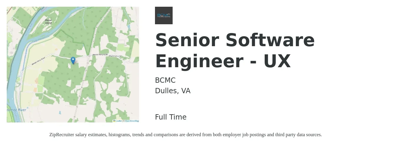 BCMC job posting for a Senior Software Engineer - UX in Dulles, VA with a salary of $124,400 to $164,000 Yearly with a map of Dulles location.