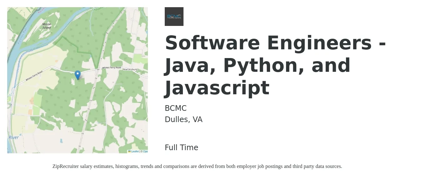 BCMC job posting for a Software Engineers - Java, Python, and Javascript in Dulles, VA with a salary of $51 to $70 Hourly with a map of Dulles location.