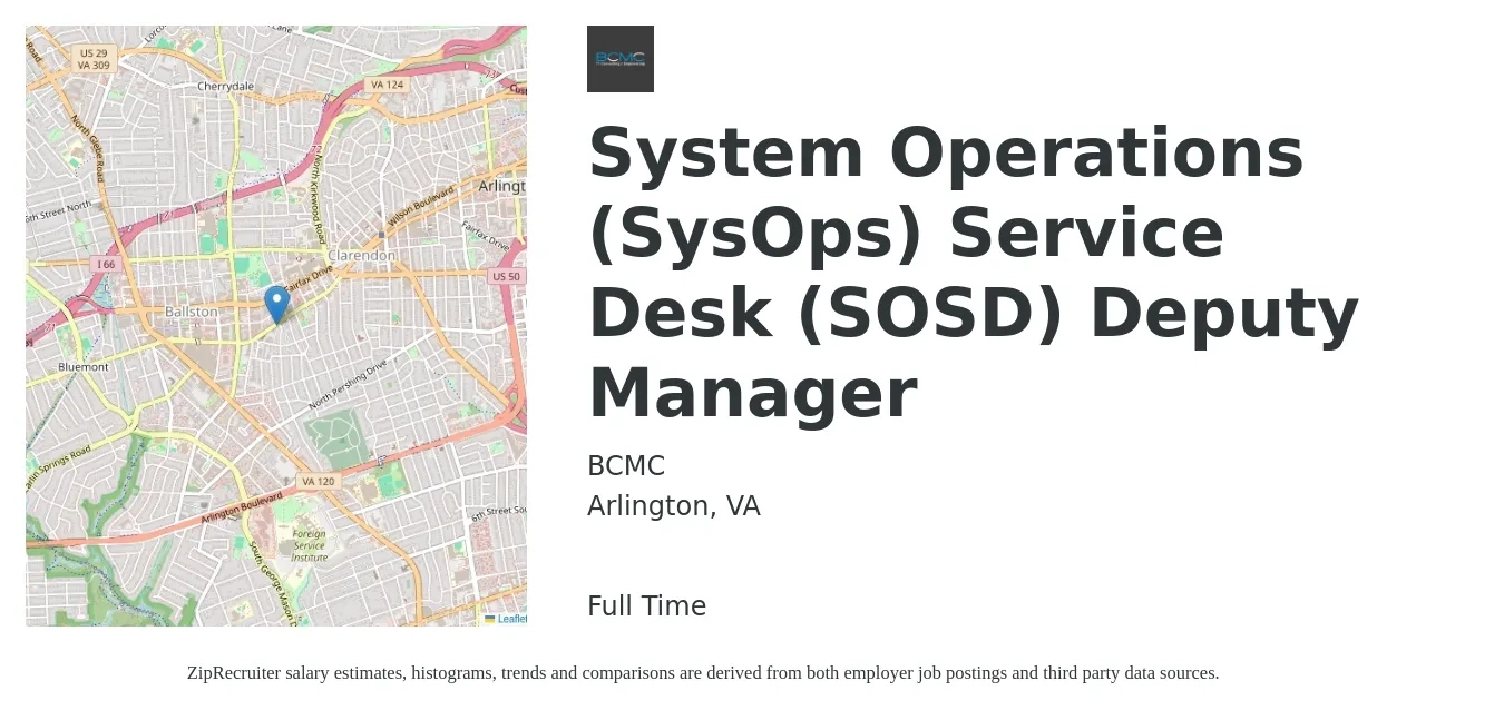 BCMC job posting for a System Operations (SysOps) Service Desk (SOSD) Deputy Manager in Arlington, VA with a salary of $81,700 to $129,400 Yearly with a map of Arlington location.
