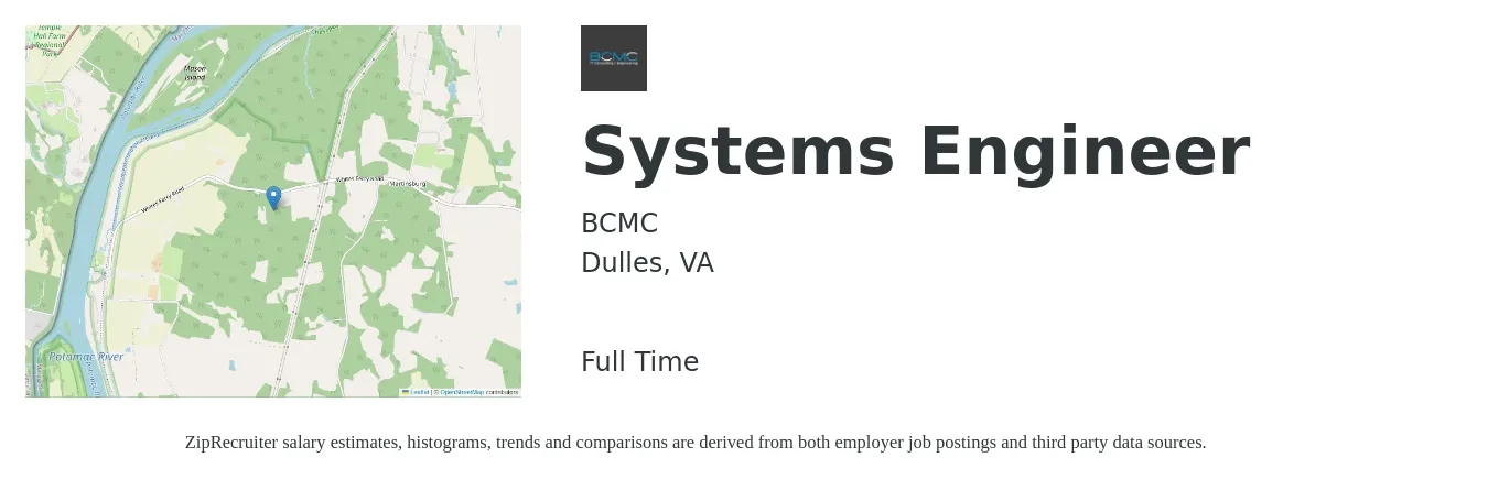 BCMC job posting for a Systems Engineer in Dulles, VA with a salary of $97,000 to $155,400 Yearly with a map of Dulles location.