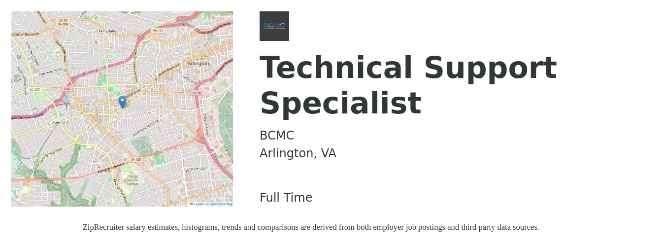 BCMC job posting for a Technical Support Specialist in Arlington, VA with a salary of $24 to $36 Hourly with a map of Arlington location.