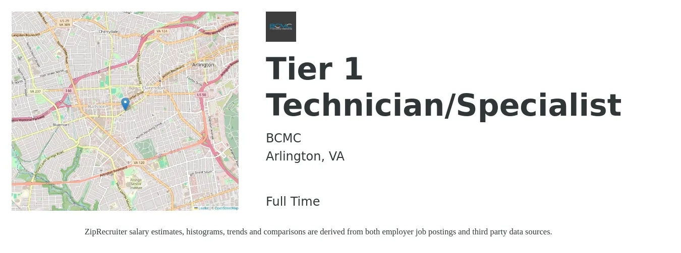 BCMC job posting for a Tier 1 Technician/Specialist in Arlington, VA with a salary of $53,500 to $108,100 Yearly with a map of Arlington location.