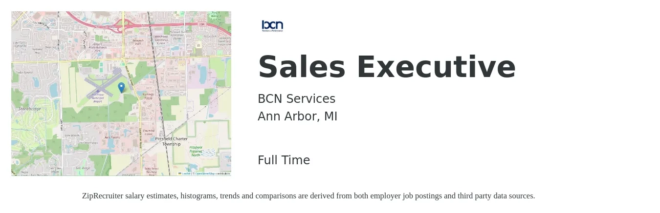 BCN Services job posting for a Sales Executive in Ann Arbor, MI with a salary of $55,800 to $95,900 Yearly with a map of Ann Arbor location.