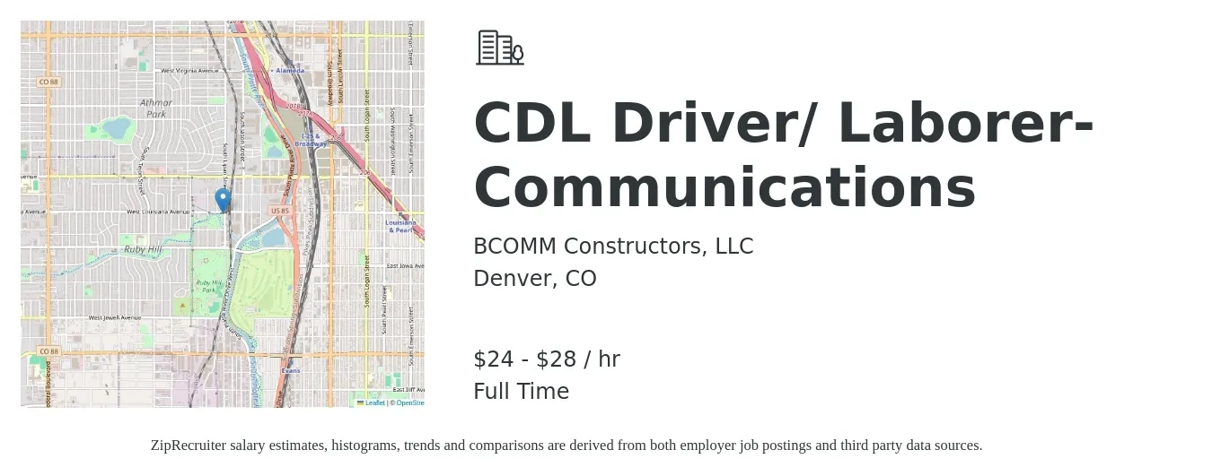 BCOMM Constructors, LLC job posting for a CDL Driver/ Laborer- Communications in Denver, CO with a salary of $18 to $24 Hourly with a map of Denver location.