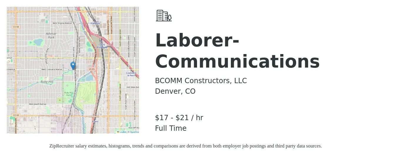 BCOMM Constructors, LLC job posting for a Laborer- Communications in Denver, CO with a salary of $18 to $24 Hourly with a map of Denver location.