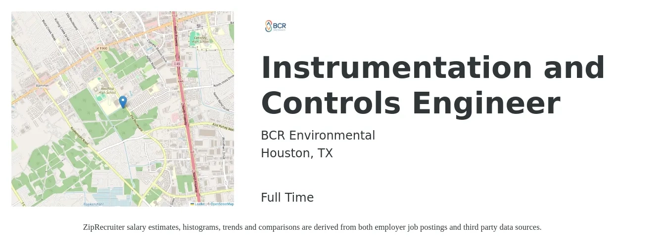 BCR Environmental job posting for a Instrumentation and Controls Engineer in Houston, TX with a salary of $42 to $62 Hourly with a map of Houston location.