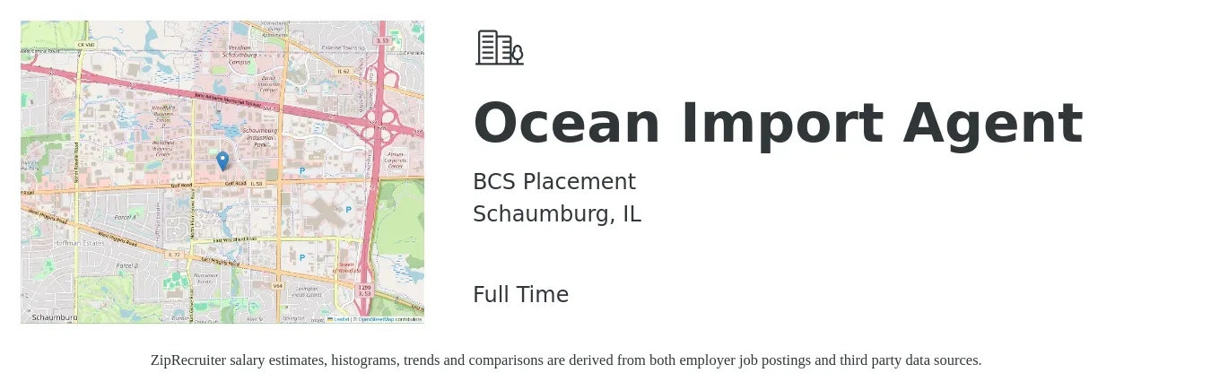 BCS Placement job posting for a Ocean Import Agent in Schaumburg, IL with a map of Schaumburg location.