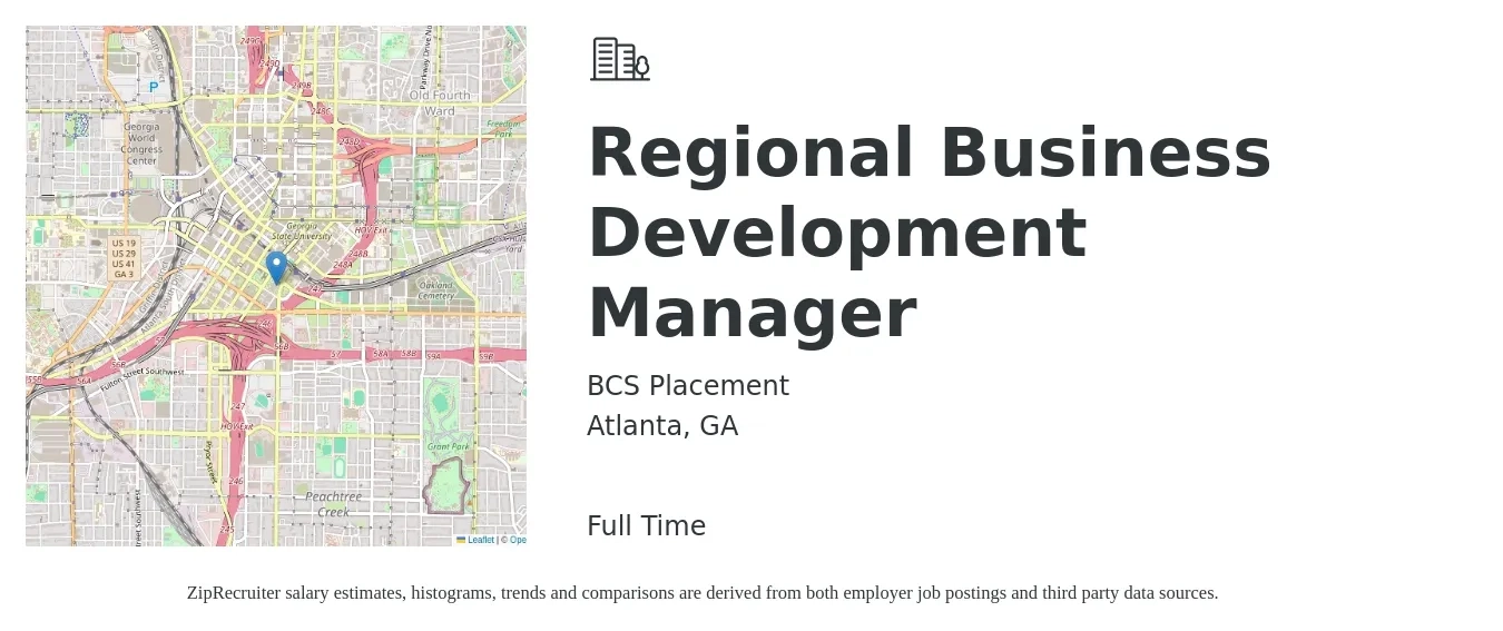BCS Placement job posting for a Regional Business Development Manager in Atlanta, GA with a salary of $72,100 to $103,900 Yearly with a map of Atlanta location.