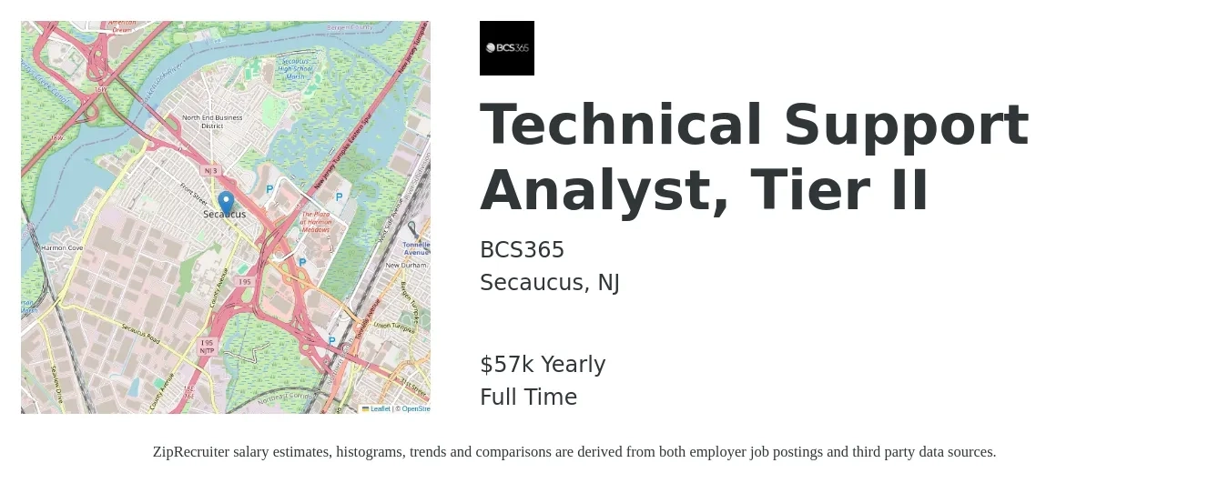 BCS365 job posting for a Technical Support Analyst, Tier II in Secaucus, NJ with a salary of $23 to $33 Hourly with a map of Secaucus location.