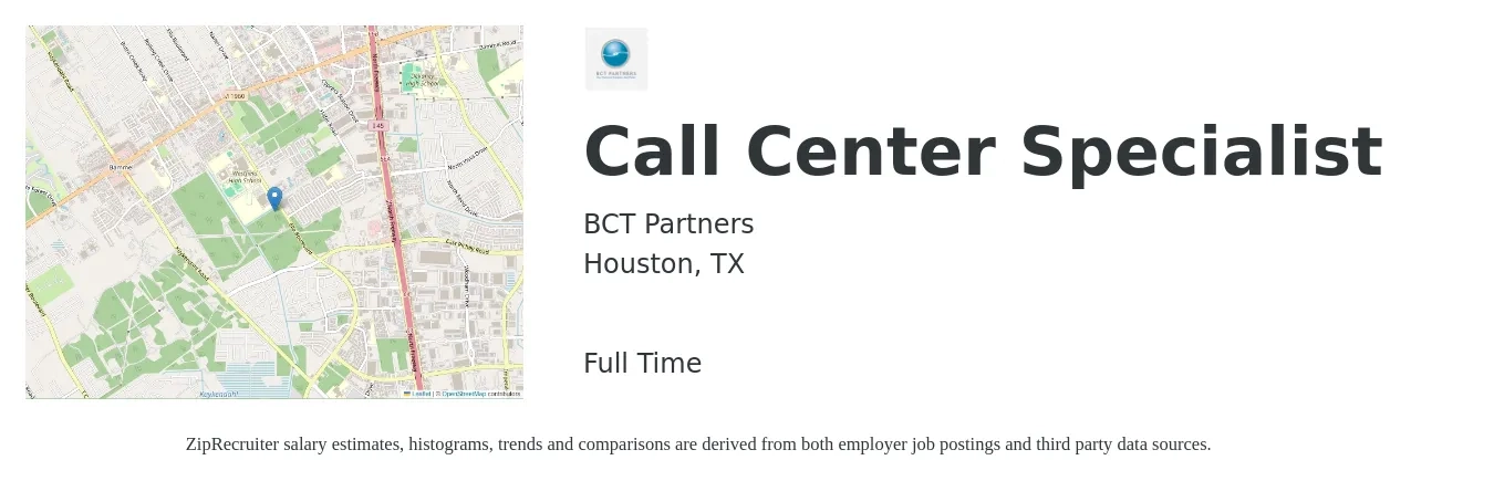 BCT Partners job posting for a Call Center Specialist in Houston, TX with a salary of $19 to $29 Hourly with a map of Houston location.