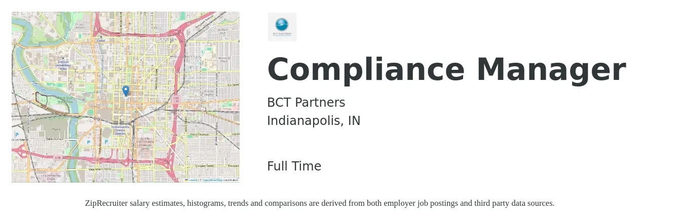BCT Partners job posting for a Compliance Manager in Indianapolis, IN with a salary of $66,900 to $111,400 Yearly with a map of Indianapolis location.