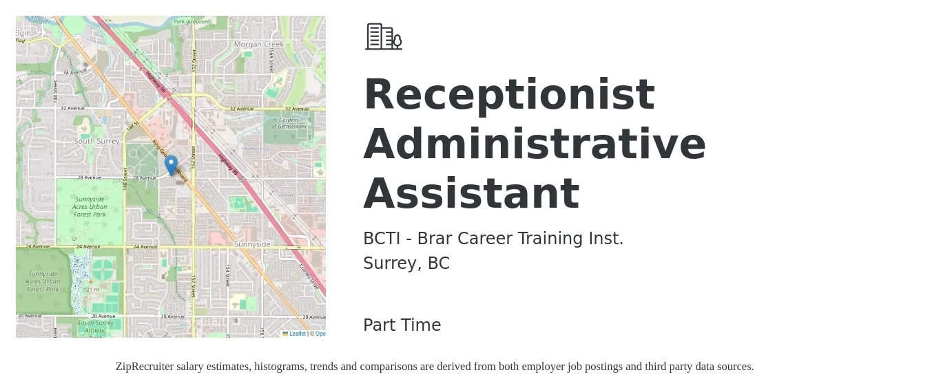 BCTI - Brar Career Training Inst. job posting for a Receptionist Administrative Assistant in Surrey, BC with a map of Surrey location.