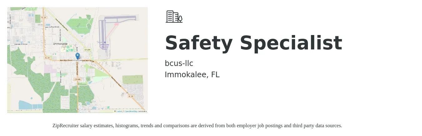 bcus-llc job posting for a Safety Specialist in Immokalee, FL with a salary of $41,800 to $66,500 Yearly with a map of Immokalee location.