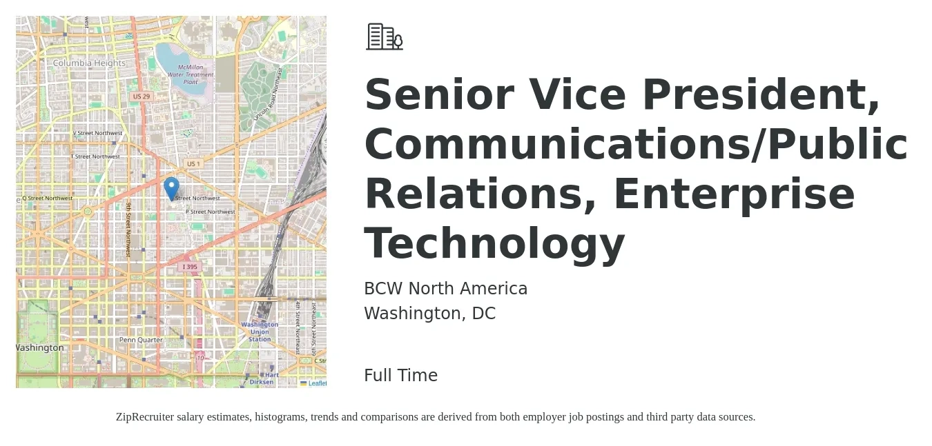 BCW North America job posting for a Senior Vice President, Communications/Public Relations, Enterprise Technology in Washington, DC with a salary of $141,000 to $229,400 Yearly with a map of Washington location.