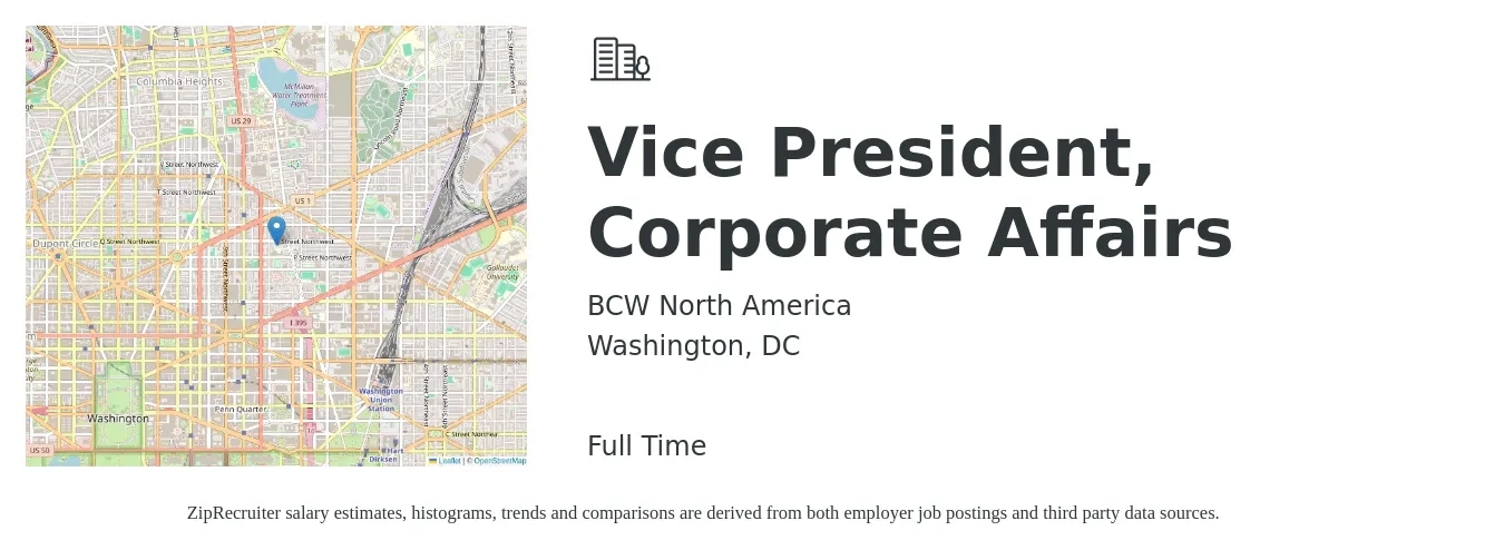 BCW North America job posting for a Vice President, Corporate Affairs in Washington, DC with a salary of $118,400 to $184,600 Yearly with a map of Washington location.