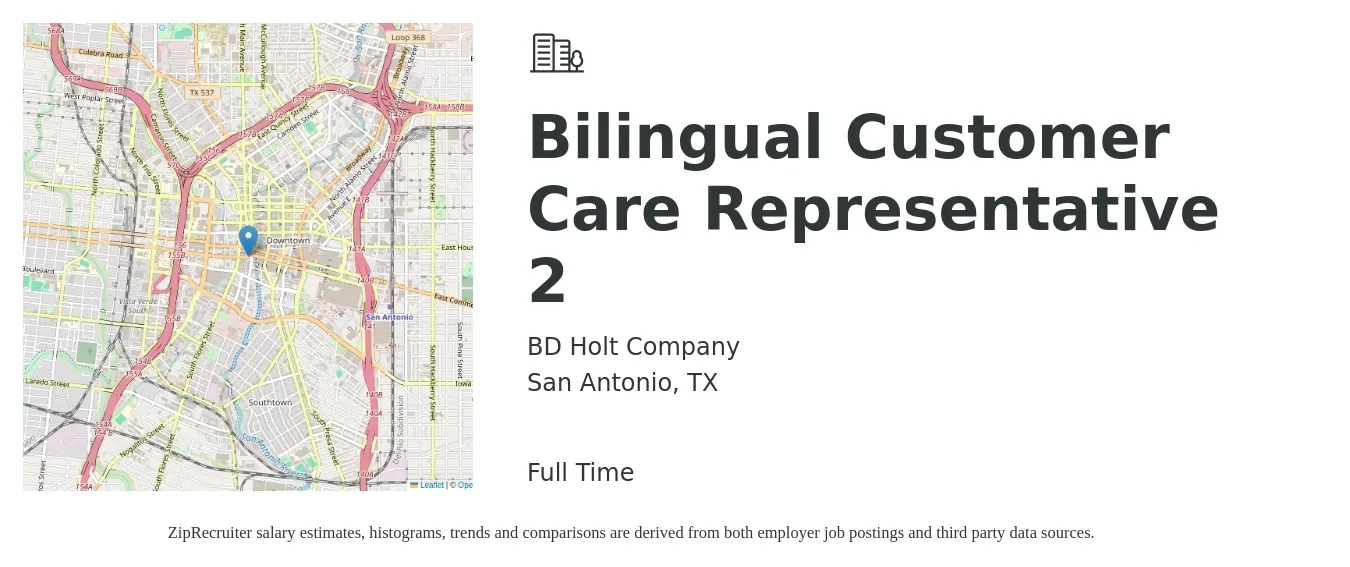 BD Holt Company job posting for a Bilingual Customer Care Representative 2 in San Antonio, TX with a salary of $14 to $17 Hourly with a map of San Antonio location.