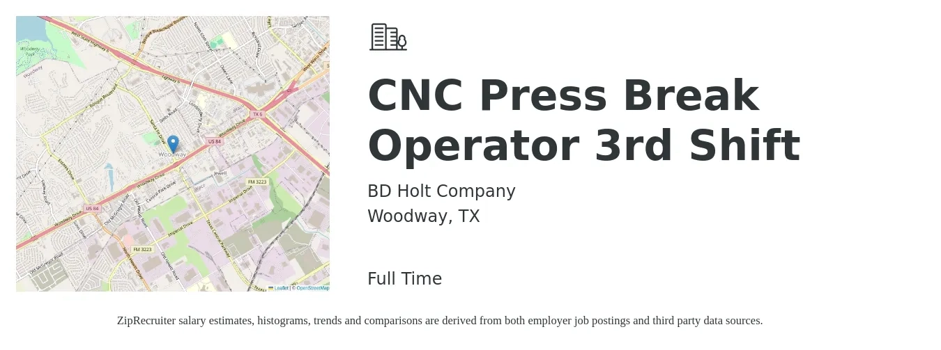 BD Holt Company job posting for a CNC Press Break Operator 3rd Shift in Woodway, TX with a salary of $17 to $22 Hourly with a map of Woodway location.