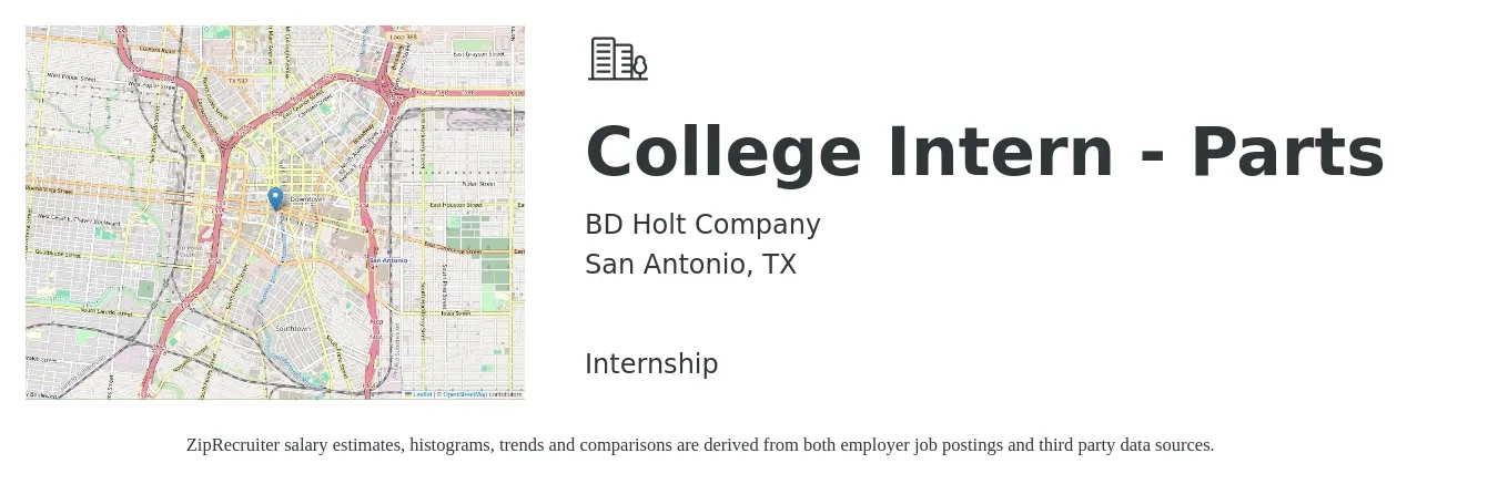 BD Holt Company job posting for a College Intern - Parts in San Antonio, TX with a salary of $13 to $17 Hourly with a map of San Antonio location.