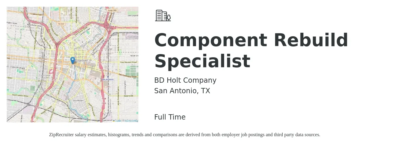 BD Holt Company job posting for a Component Rebuild Specialist in San Antonio, TX with a salary of $21 to $27 Hourly with a map of San Antonio location.